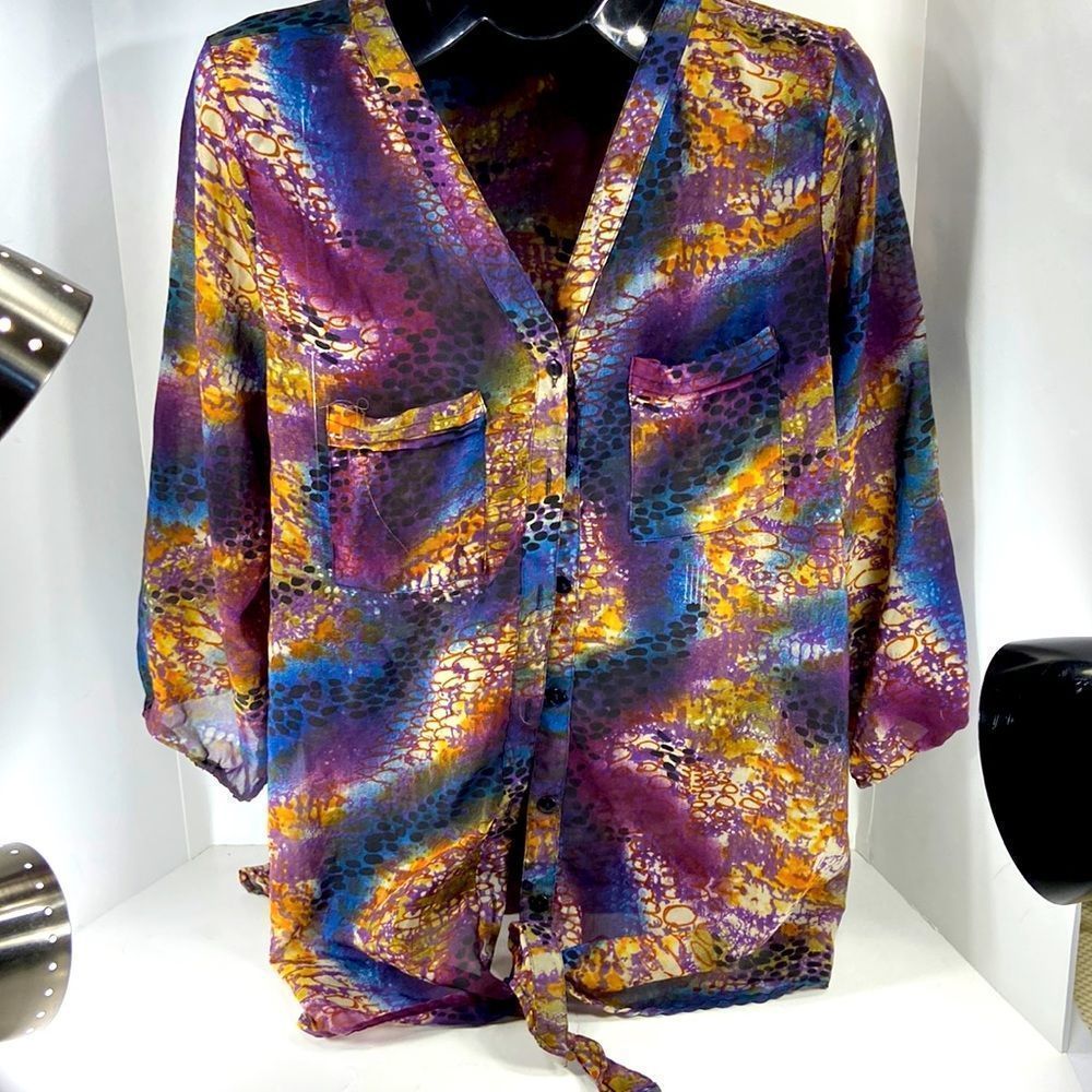 Metro 22 womens plus size2X sheer multi fall colored blouse ,ties at waist